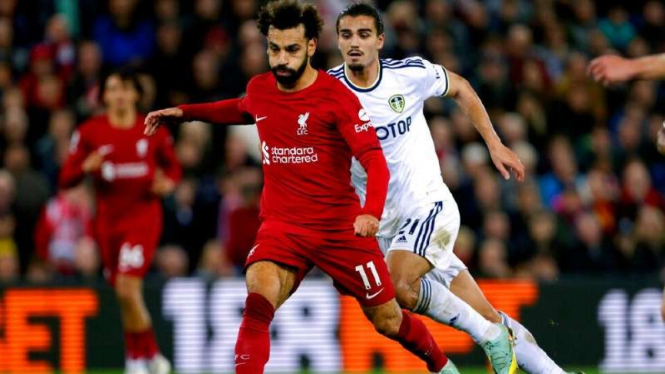 Pemain Liverpool, Mohamed Salah saat melawan Leeds United