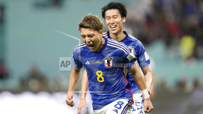 Selebrasi pemain Timnas Jepang, Ritsu Doan usai bobol gawang Timnas Jerman
