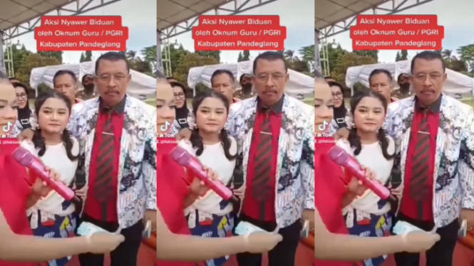 Viral Pria Tua Berseragam Guru Nyawer Biduan Muda