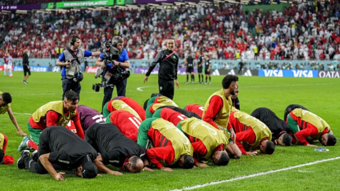 Selebrasi Timnas Maroko usai kalahkan Spanyol