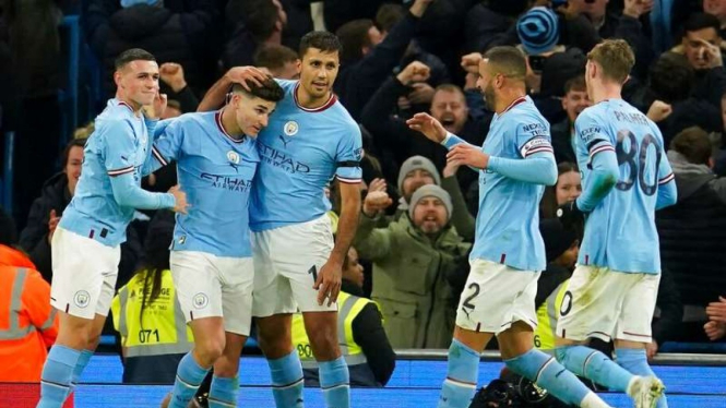 Pemain Manchester City merayakan gol ke gawang Chelsea