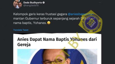 Akun Twitter @kangdede78 mengunggah cuitan dengan klaim Anies Baswedan diberi nama baptis. Cuitan tersebut juga melampirkan tangkapan layar dengan narasi “Anies Dapat Nama Baptis Yohanes dari Gereja.”