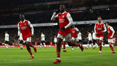 Selebrasi pemain Arsenal usai bobol gawang Manchester United