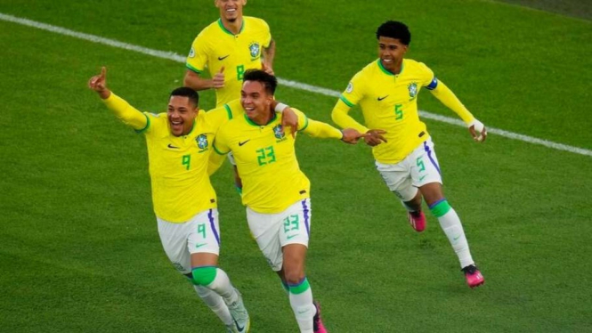 Pemain Timnas Brasil U-20 rayakan gol