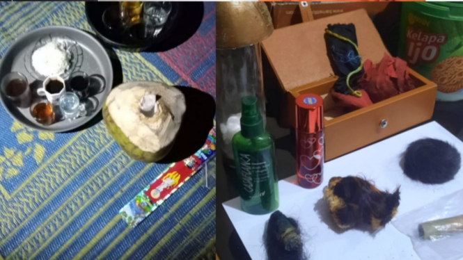 Barang bukti perlengkapan dukun; sesajen, jenglot, rantai babi, dan aneka parfum