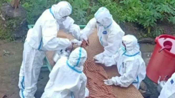 Petugas mengenakan alat pelindung diri saat memandikan jenazah anak yang diduga terserang penyakit difteri.