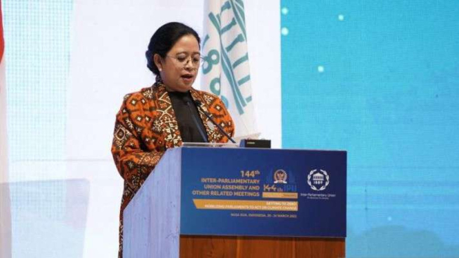 Ketua DPR RI Puan Maharani dalam Sidang Majelis Ke-144 IPU di Bali pada 20–24 Maret 2022.