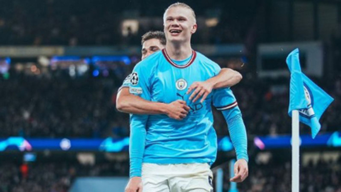Selebrasi Erling Braut Haaland usai bobol gawang Bayern Munich