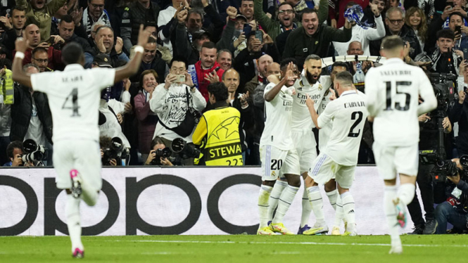 Selebrasi pemain Real Madrid usai bobol gawang Chelsea