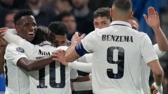 Pemain Real Madrid, Rodrygo Goes rayakan gol.