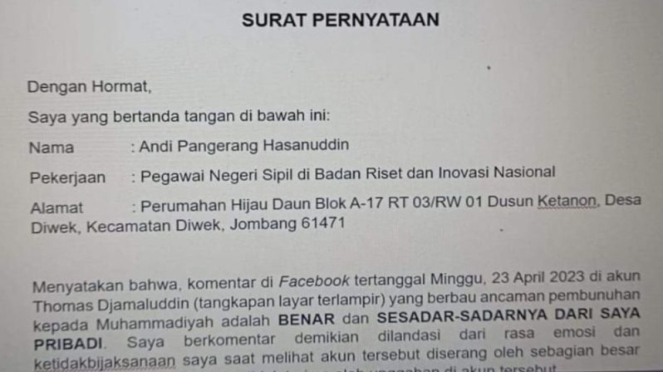 Pernyataan minta maaf peneliti BRIN Andi Pangerang yang ancam warga Muhammadiyah