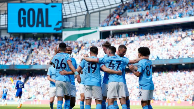 Pemain Manchester City merayakan gol ke gawang Chelsea