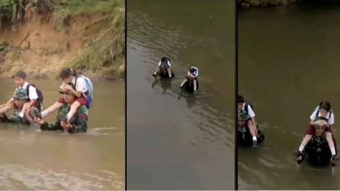 Satgas Pamtas RI-Malaysia Gendong Anak Perbatasan Sebrangi Sungai untuk Sekolah