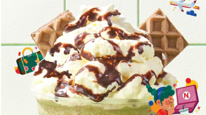 Kreasi minuman matcha dan waffle.