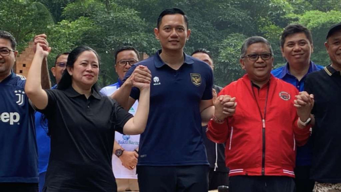 Ketua DPP PDI Perjuangan Puan Maharani bertemu dengan Ketua Umum Partai Demokrat Agus Harimurti Yudhoyono (AHY) di Plataran Hutan Kota Gelora Bung Karno, Jakarta Pusat, Minggu, 18 Juni 2023.