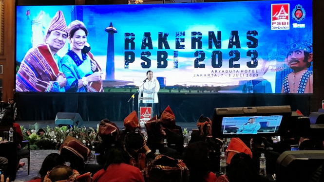Menhan Prabowo Subianto saat rakernas Marga Simbolon di Jakarta.