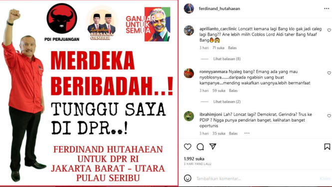 Ferdinand Hutahean dalam unggahannya umumkan jadi bacaleg PDIP.