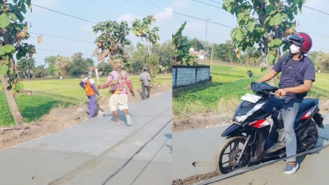 Momen pekerja proyek kejar pemotor nakal yang trobos jalan lagi dicor