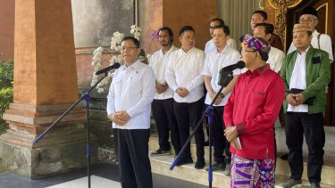 Pelaksana Tugas Ketua Umum PPP Muhammad Mardiono saat konferensi pers di Denpasar, Bali, Senin, 14 Agustus 2023.