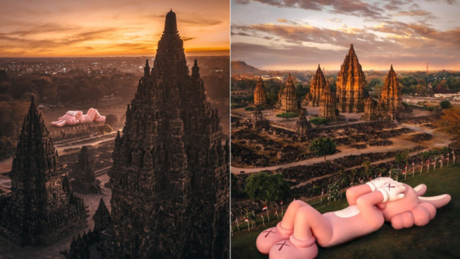 Patung KAWS di Candi Prambanan.