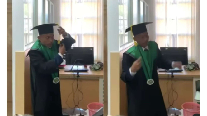 Viral mahasiswa telat datang wisuda hingga diwisuda sendiri karena ketiduran.