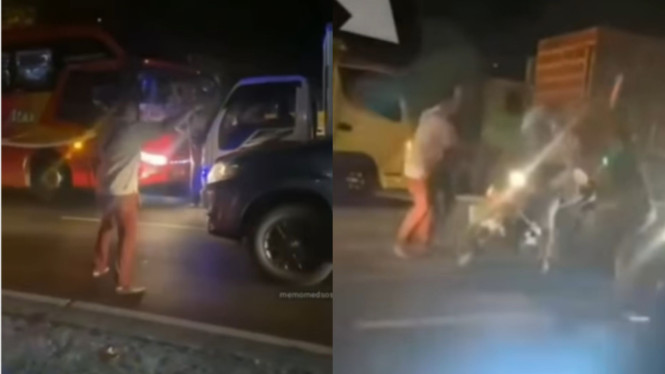 Halangi bus lawan arah, pemotor ini malah diamuk sopir bus