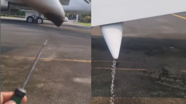 Sayap pesawat mengeluarkan air saat ditusuk