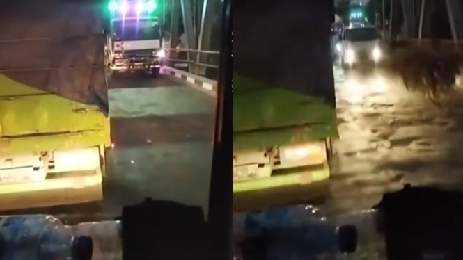 Sopir truk panik saat terjebak macet di jembatan bergoyang