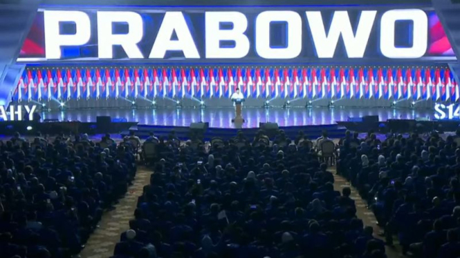 Bacapres Prabowo Subianto saat Rapimnas Demokrat di JCC, Senayan.