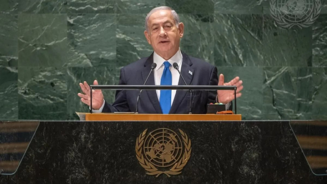 Perdana Menteri Israel Benjamin Netanyahu dalam Sidang ke-78 Majelis Umum PBB di New York, AS.
