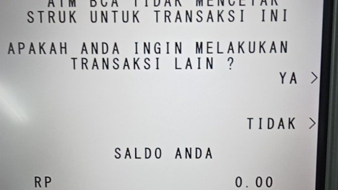 Layar ATM BCA eror menampilkan saldo Rp 0