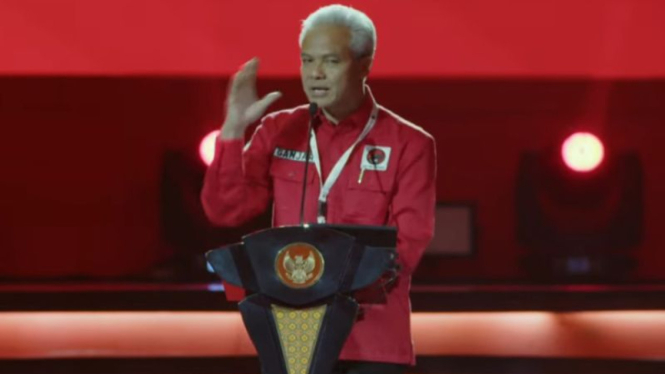 Bacapres Ganjar Pranowo di Rakernas PDIP, Jiexpo, Kemayoran, Jakarta.