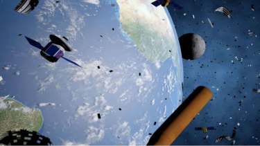 Ilustrasi sampah luar angkasa yang mengorbit Bumi.