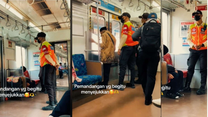 dua orang satpam KRL yang sedang menjaga seorang pria lansia