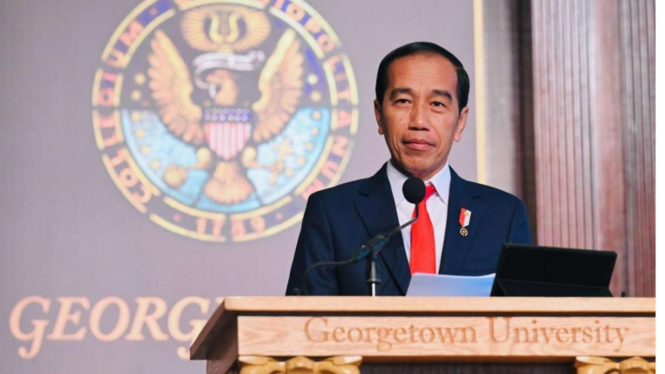 Presiden Joko Widodo mengisi kuliah umum Gaston Hall, Gedung Healy, Georgetown U