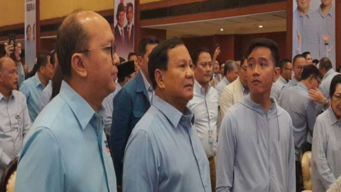 Capres-cawapres Prabowo Subianto-Gibran Rakabuming Raka hadiri rakornas.