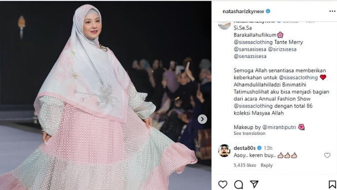 Postingan Instagram Natasha Rizki dikomentari oleh Desta