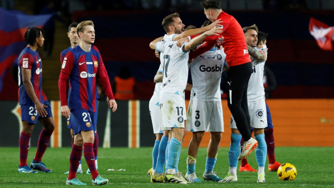 Pemain Girona rayakan kemenangan atas Barcelona