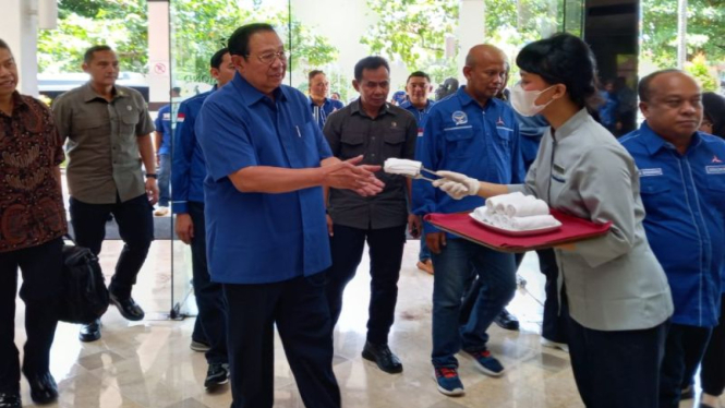 Ketua Majelis Tinggi Partai Demokrat Susilo Bambang Yudhoyono (SBY) di Sleman.