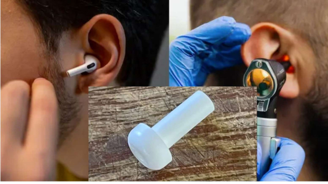 Sebuah headset nyangkut di lubang telinga Wallace Lee.