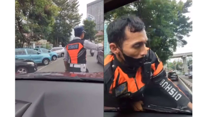 Petugas Dishub Nemplok di Kap Mobil