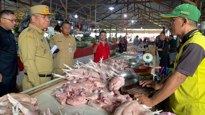 Pj Gubernur Kalbar dr Harisson meninjau harga bahan pokok di Pasar Ratu Melati, Kabupaten Ketapang, Kalimantan Barat, Selasa 16 Januari 2024. Harga komoditi ayam potong mencapai Rp 45.000 per kilogram