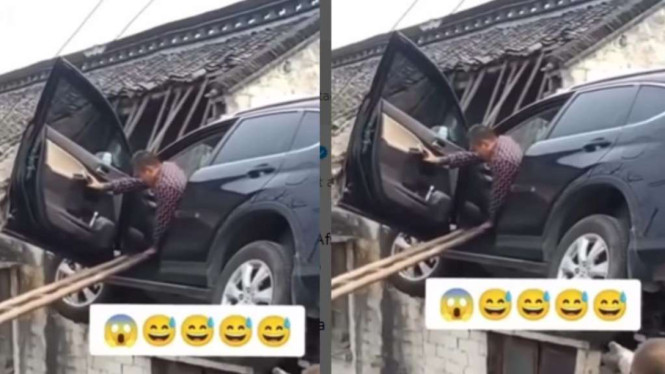 Mobil nyangkut di atas genteng
