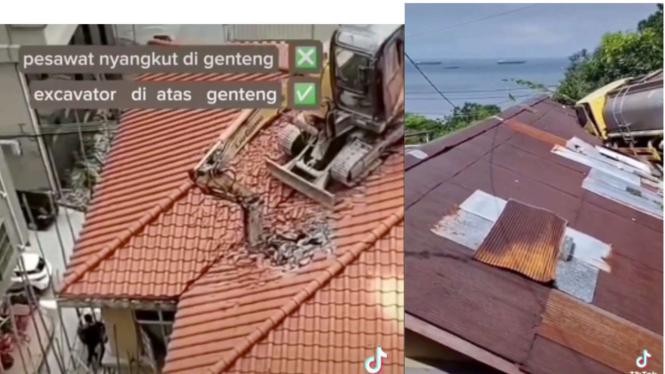 Traktor dan Mobil Nyangkut di Genteng