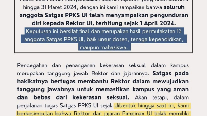 Surat pengunduran diri Satgas PPKS UI