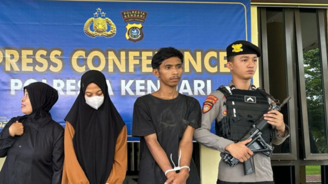 Polresta Kendari gelar jumpa pers kasus pembunuhan berencana menantu terhadap mertuanya. (Foto: Humas Polresta Kendari).