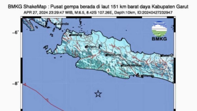 Tangkapan layar data lokasi gempa Garut.