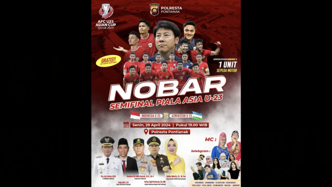 Flyer nonton bareng Semifinal Piala Asia U-23 di Polresta Pontianak yang menyiapkan 1 unit motor bagi masyarakat yang menonton. 