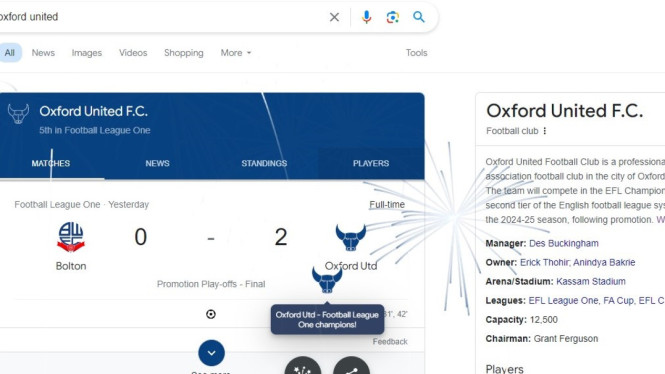 Google sambut Oxford United promosi ke Divisi Championship