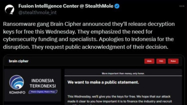 Peretas atau hacker meminta maaf dan berjanji memberikan kunci data PDNS 2 secara cuma-cuma.